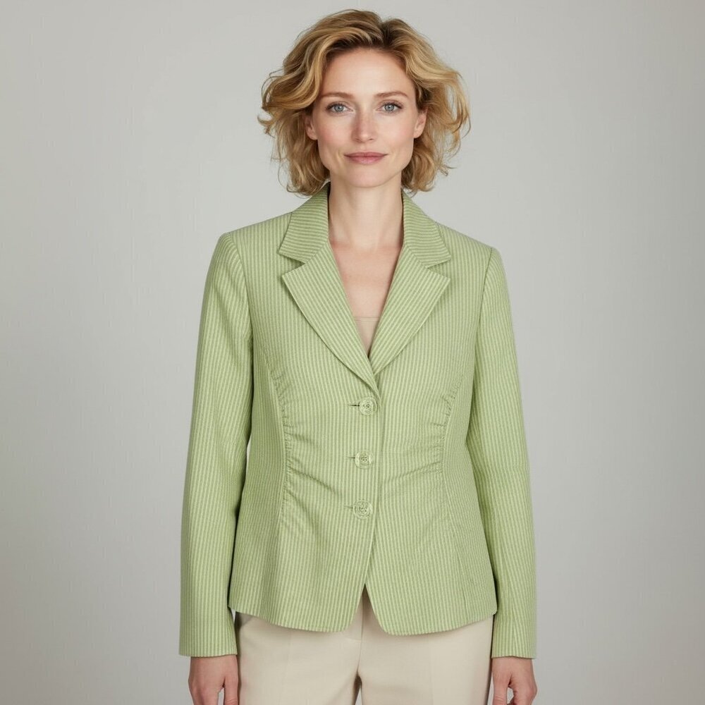 Lafayette 148 Lime Green Cotton/Linen Seersucker Stripe Ruched Blazer Size 12